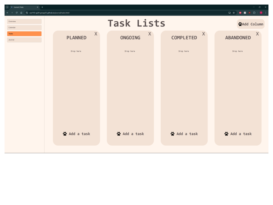 The application is a task management and journaling tool with a Kanban board, calendar, markdown-supported journal, and offline access via PWA.